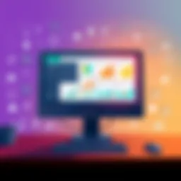 Illustration showing a computer screen displaying various data types like tables, Excel files, and diagrams. The background features icons representing pharma, finance, and aerospace sectors.