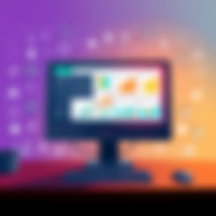 Illustration showing a computer screen displaying various data types like tables, Excel files, and diagrams. The background features icons representing pharma, finance, and aerospace sectors.