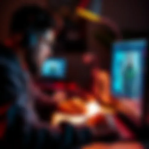 A game developer working on a computer, sketching ideas for a multiplayer indie game with notes about features and skills needed