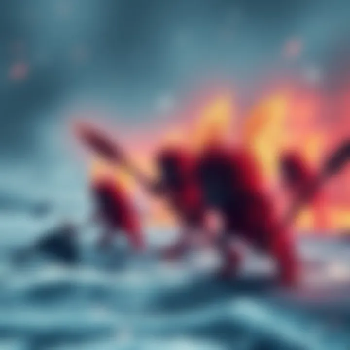 A group of redcaps, small goblin-like creatures with sharp weapons, wandering on a frozen lake, leaving behind a trail of chaos.