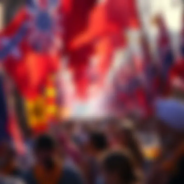 A lively gathering of people celebrating Murica's culture with flags, food, and traditional attire.