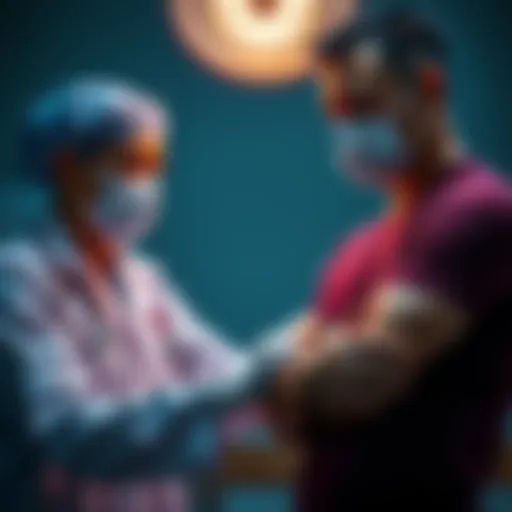 A healthcare professional examines a patient showing signs of muscle weakness due to blood loss. The patient appears tired and is holding their arm, indicating discomfort.