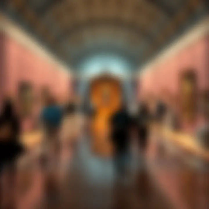 People walking through a museum gallery, admiring art and artifacts