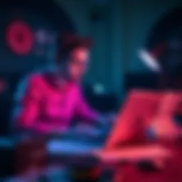 A music composer at work with a laptop and musical notes around, showcasing creativity for a gamedev project