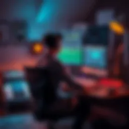 A person sitting at a computer with music software open, surrounded by musical instruments and sound equipment, contemplating if the music is made by humans or AI.