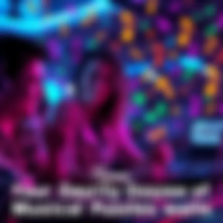 People enjoying a daily music puzzle on Tunee platform, with colorful musical notes and symbols around them.