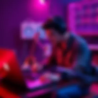A musician interacts with AI software on a laptop, blending traditional music skills with modern technology.