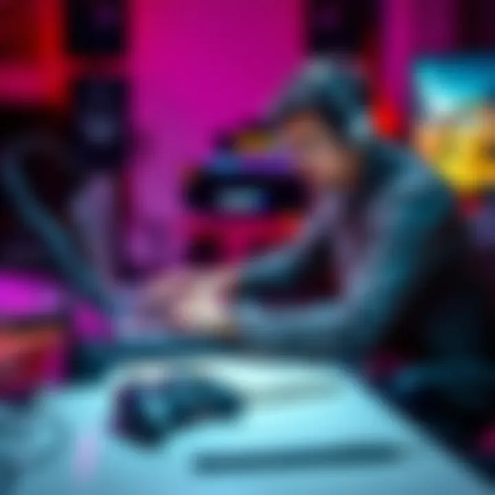 Musician Composing for Video Games A musician working on a laptop with musical notes and a game controller nearby, creating soundtracks for video games