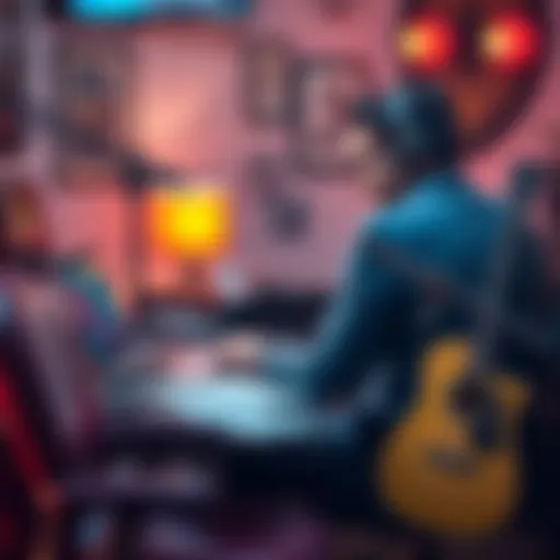 A musician sits at a desk with a laptop, discussing pricing strategies for indie game music with notes and a guitar nearby, highlighting the challenges of budget constraints with developers.