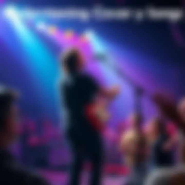 A musician with a guitar performing on stage, surrounded by colorful lights, while a crowd enjoys the music.