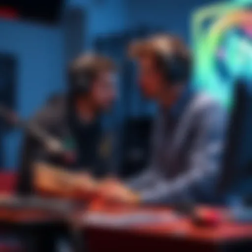 A musician discussing teamwork with game developers in a creative workspace, emphasizing collaboration on a video game project.