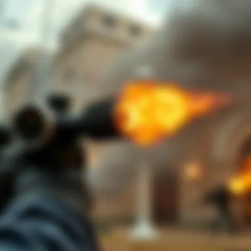 A close-up view of a machine gun firing, showing bright muzzle flash and smoke in a dramatic shootout scene