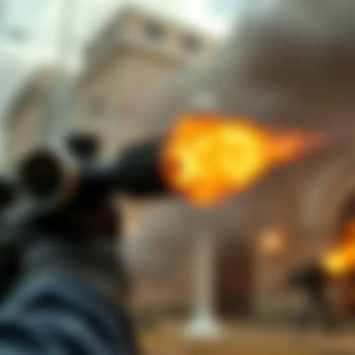 A close-up view of a machine gun firing, showing bright muzzle flash and smoke in a dramatic shootout scene