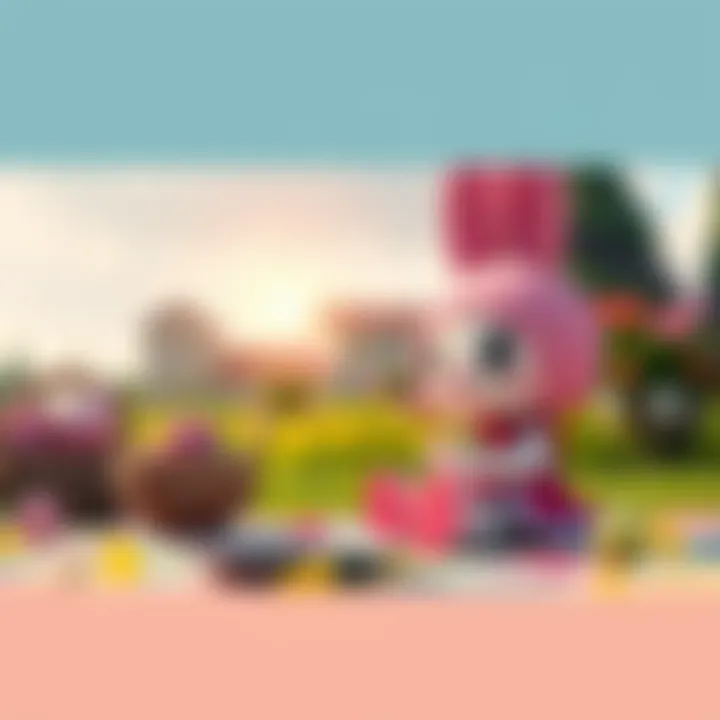 A colorful scene featuring My Melody enjoying a picnic with vibrant surroundings and detailed lighting