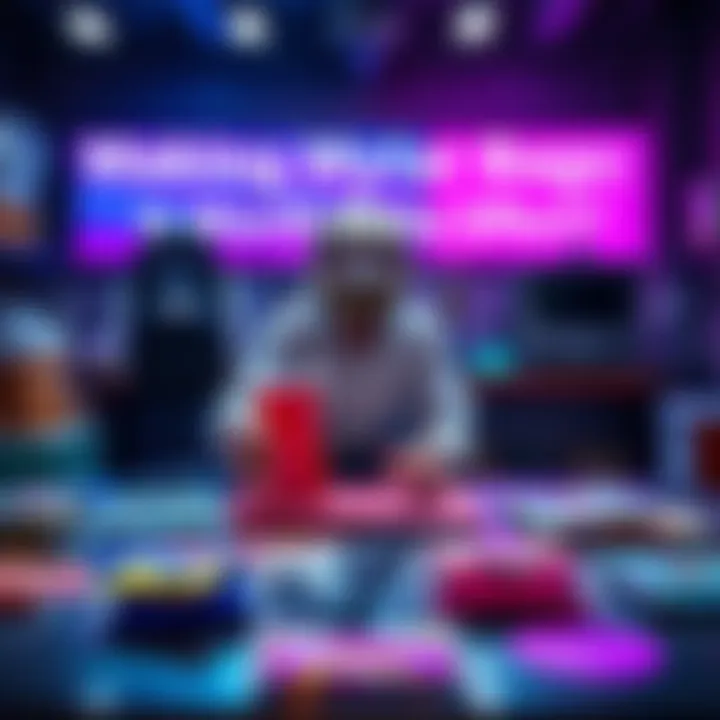 A person assembling Mylar bags with colorful 3D rendered product designs on a table.