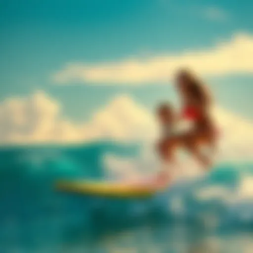 Myra and Andrea riding vibrant waves on their surfboards, enjoying their thrilling surfing adventure.