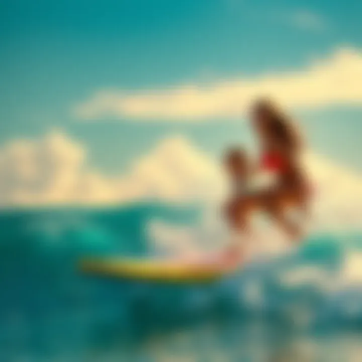 Myra and Andrea riding vibrant waves on their surfboards, enjoying their thrilling surfing adventure.