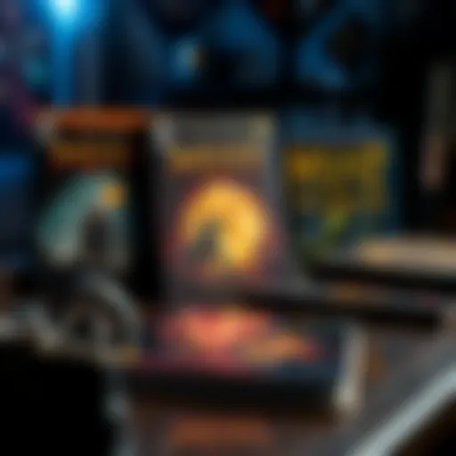 A display showcasing two Dark Horse Comics issues and a flawed French solutions guide for the Myst game series, highlighting their importance in gaming history.