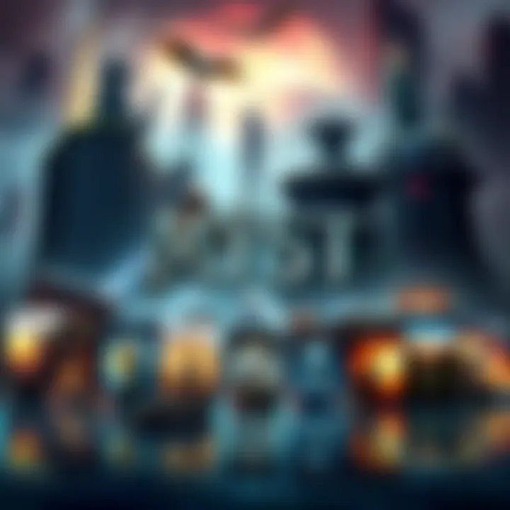 A collection of MYST game covers and books displayed together, showing their titles and characters, with a backdrop of mysterious islands.