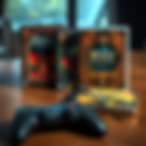 A collection of Myst and Riven DVD-ROMs displayed on a wooden table, with a gaming controller beside them.