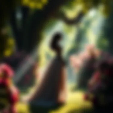 A silhouette of a princess standing in a lush garden, wearing a flowing gown with a crown, surrounded by flowers and sunlight.