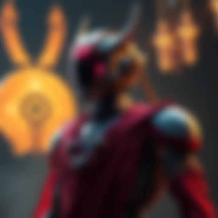 A robot designed with features reminiscent of a mythological character, showcasing elements like flowing robes and ancient symbols