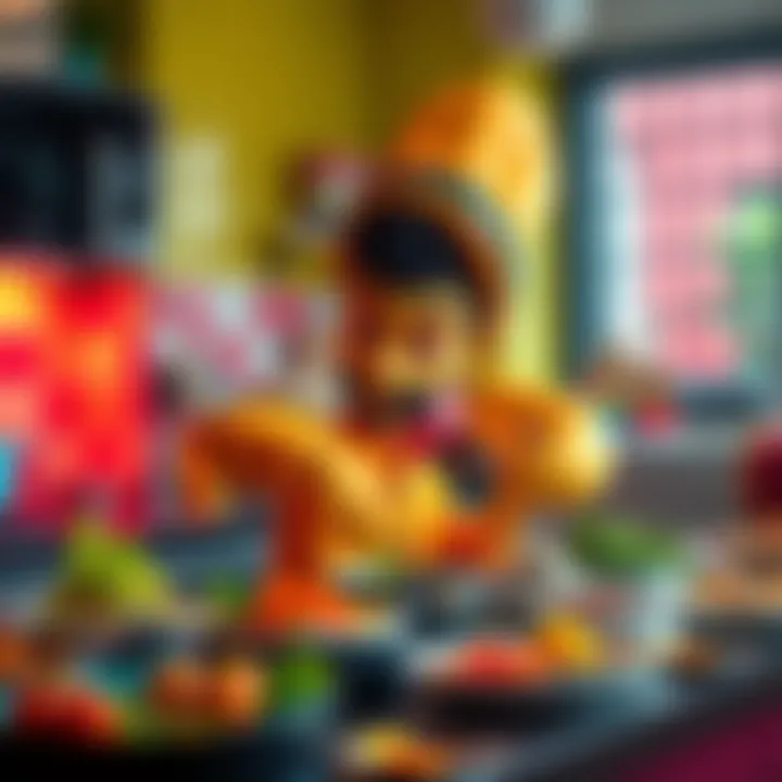 A colorful kitchen scene with Nano Banana Pro cooking various dishes, showcasing its skills and creativity.