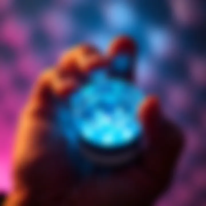 A close-up of a hand holding a small device with glowing nanoparticles, symbolizing at-home cancer testing technology.