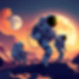 NASA Artemis II Mission An illustration of astronauts preparing for the Artemis II mission, with a spacecraft near the moon in the background.