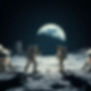 Astronauts preparing for the Artemis II mission with a spacecraft in the background, showcasing a lunar landscape and Earth in the sky.