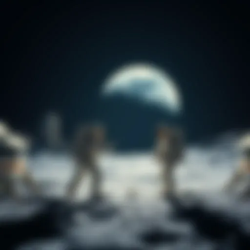 Astronauts preparing for the Artemis II mission with a spacecraft in the background, showcasing a lunar landscape and Earth in the sky.