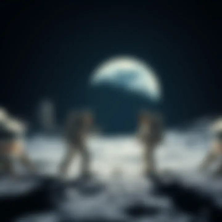 Astronauts preparing for the Artemis II mission with a spacecraft in the background, showcasing a lunar landscape and Earth in the sky.