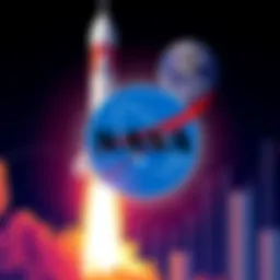 Illustration of NASA logo with a background of a rocket and a graph showing budget cuts