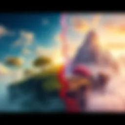 A vibrant split image showing a natural setting on one side and a magical landscape on the other, representing the debate between authenticity and enchantment.