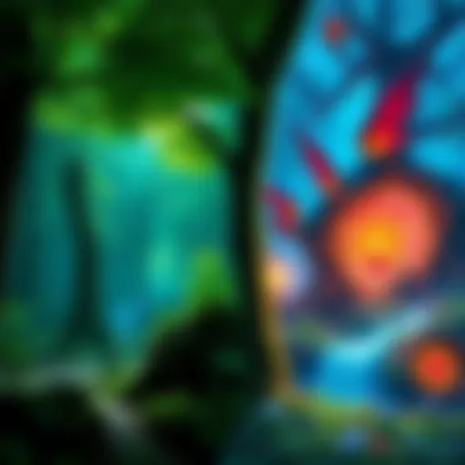 A split image showing a lush green forest on one side and a vibrant fantasy realm with magical elements on the other side