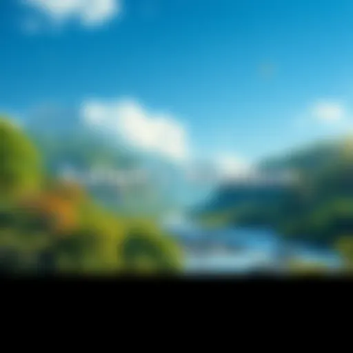 A vibrant scene showing lush forests, flowing rivers, and diverse wildlife under a clear blue sky.