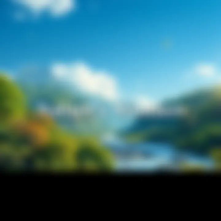 A vibrant scene showing lush forests, flowing rivers, and diverse wildlife under a clear blue sky.