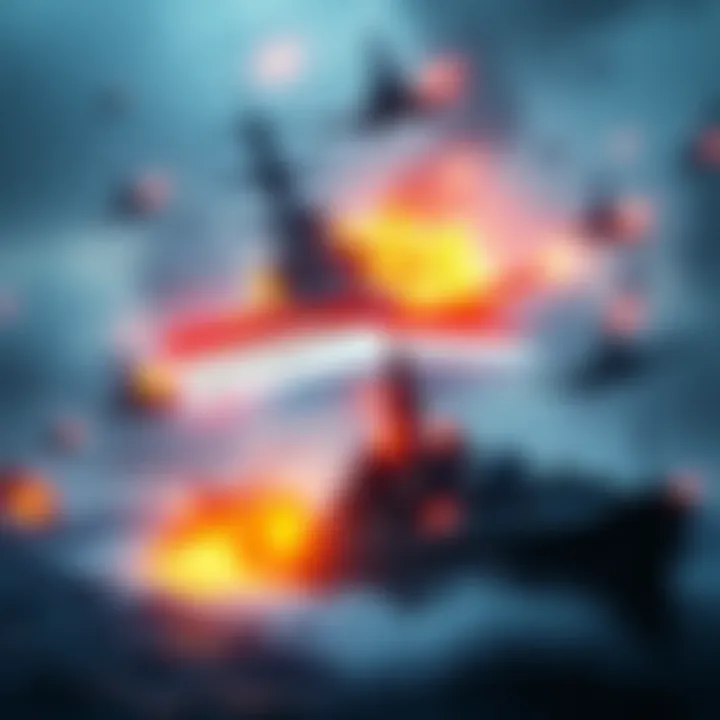 A scene depicting a naval battle with ships in turmoil and a digital screen showing misinformation about the sinking of the IRIS Dena.