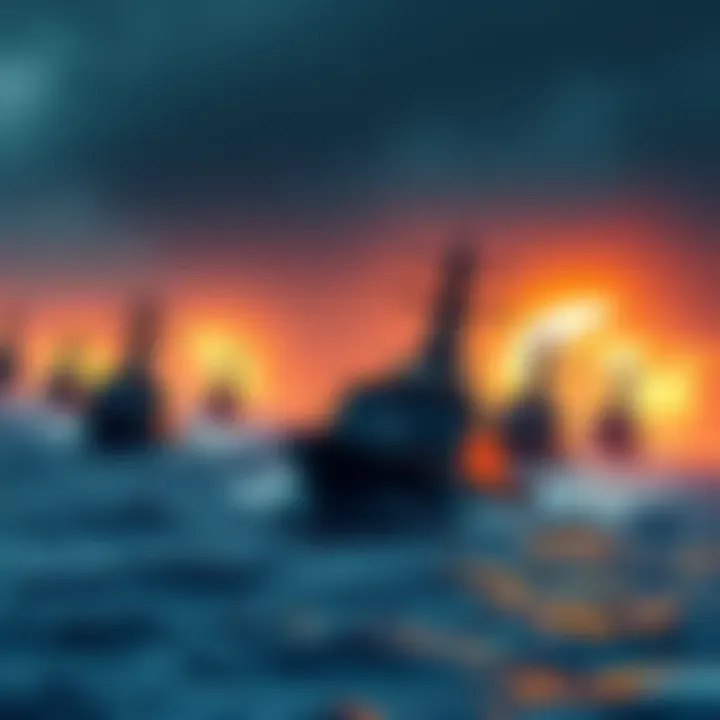 Naval ships in strategic formation A fleet of naval ships maneuvering in contested waters, showcasing new tactics of asymmetric warfare.