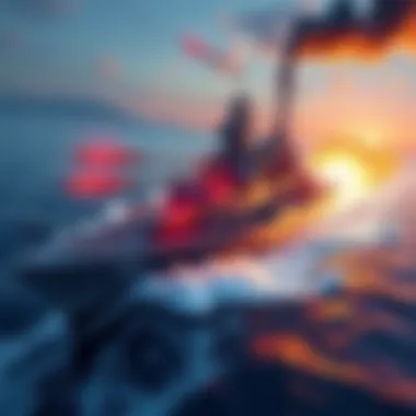 Illustration of a navy battleship in a game displaying various weapon upgrades while maintaining its shape