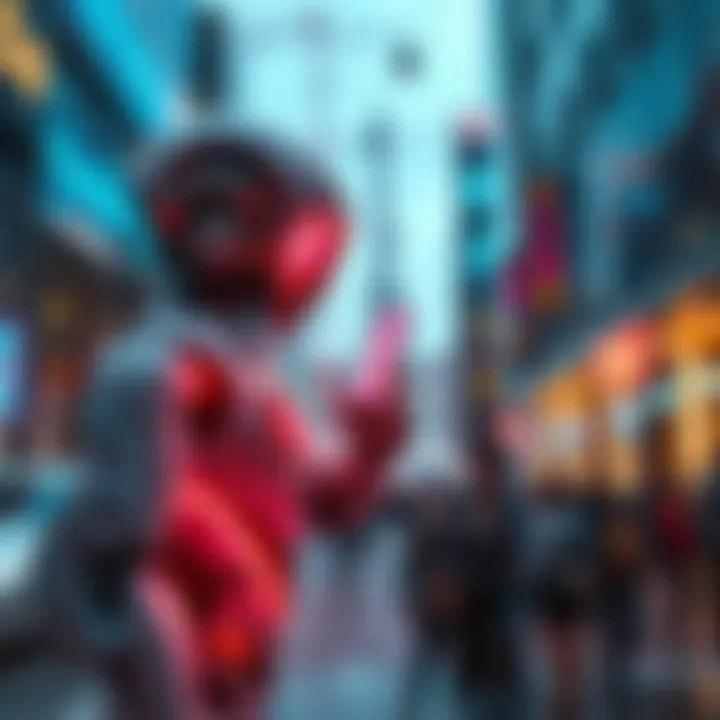 Nebula's Civilization Bot A futuristic robot interacting with people in a city setting, showcasing AI technology and creativity.