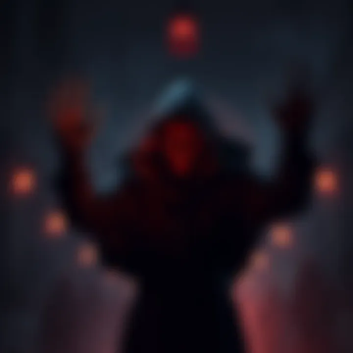 A dark robed necromancer raising skeletal hands in a mysterious setting