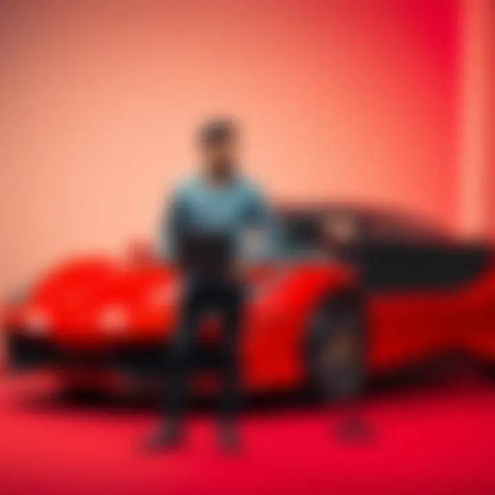 Neel Sundaresan stands next to a Ferrari, holding a laptop, symbolizing the contrast between advanced technology and simple tasks
