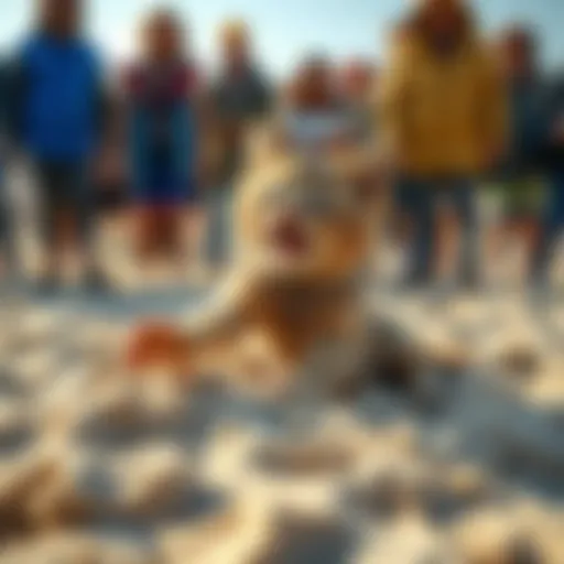 Nelliel Tu Odelschwanck joyfully playing in sand, surrounded by curious onlookers