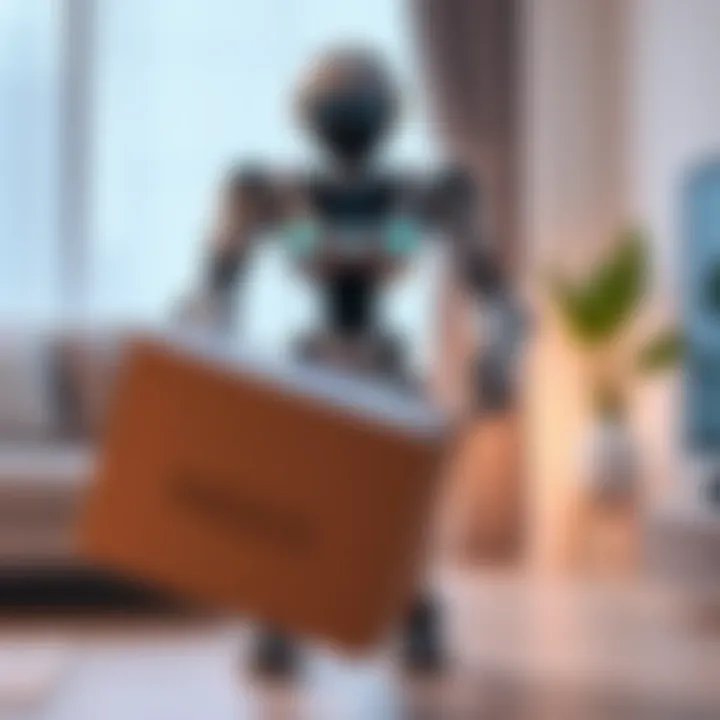 A humanoid robot named NEO lifting a heavy box in a modern home setting.