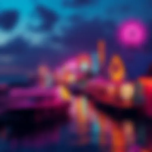 Bright lights illuminating the coastal area of Neon Shores, showcasing local art and lively events.