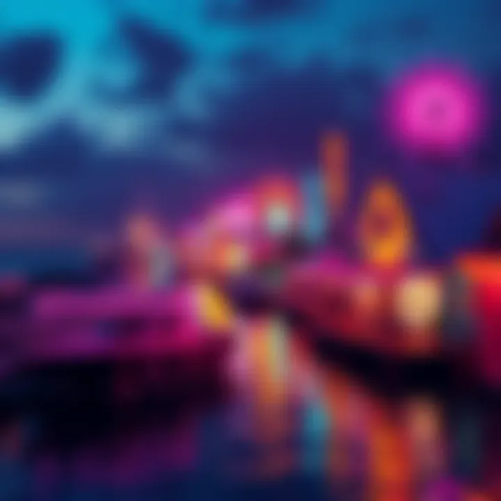 Bright lights illuminating the coastal area of Neon Shores, showcasing local art and lively events.