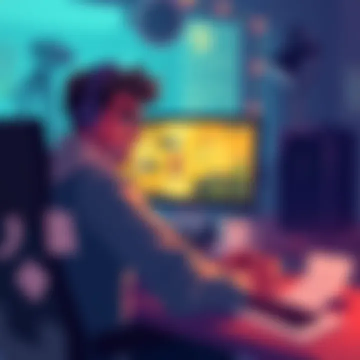 Nervous game developer at Steam Next Fest A worried game developer sitting at a computer with game demo on screen, surrounded by feedback notes and coffee, showing stress before release