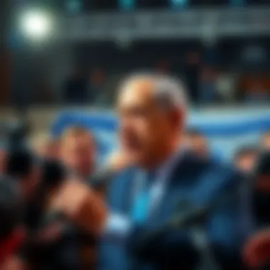 Benjamin Netanyahu addressing a crowd during a recent press conference, surrounded by reporters and cameras.