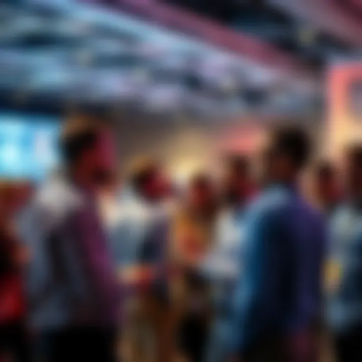 A diverse group of people engaging in conversation at a machine learning conference, exchanging ideas and networking.